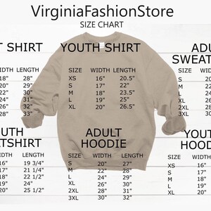 The image is a size chart for adult and youth sweatshirts, providing the corresponding width length for each size.