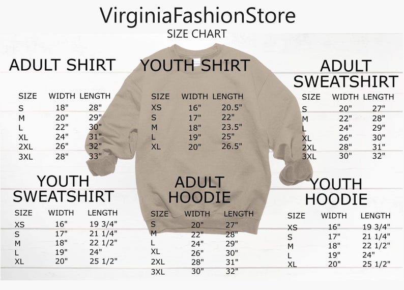 The image is a size chart for adult and youth sweatshirts, providing the corresponding width length for each size.