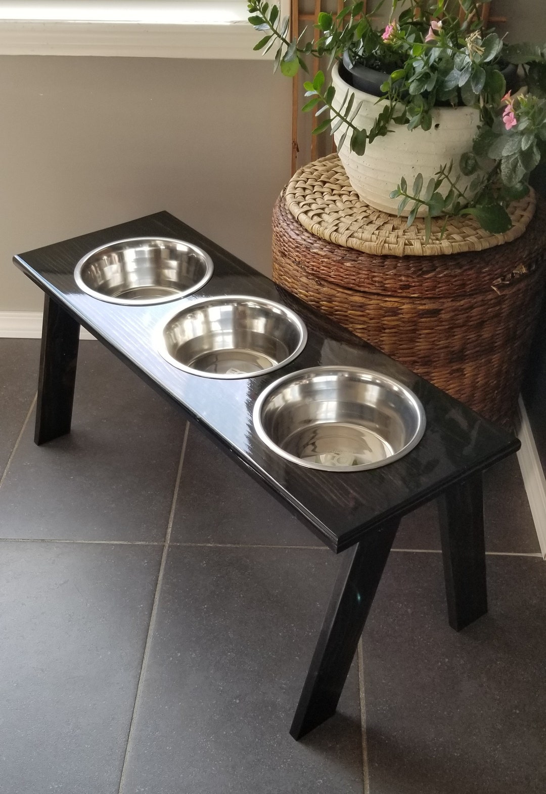 3 Bowl Raised Feeder Ebony Personalized Pet Feeder Dog Etsy Canada