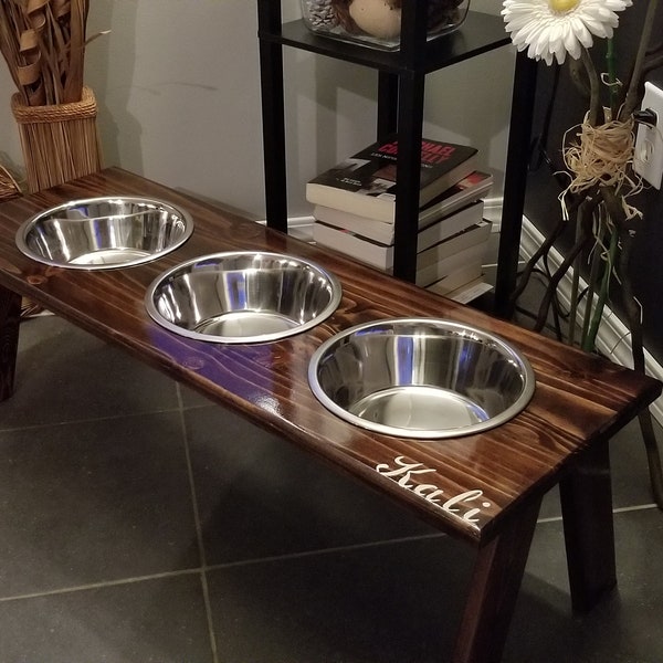 Large 3 Bowl Raised Feeder, Walnut, Personalized Pet, Dog Bowl Stand, Pet Accessories, Raised Food Stand, Elevated Feeding Station