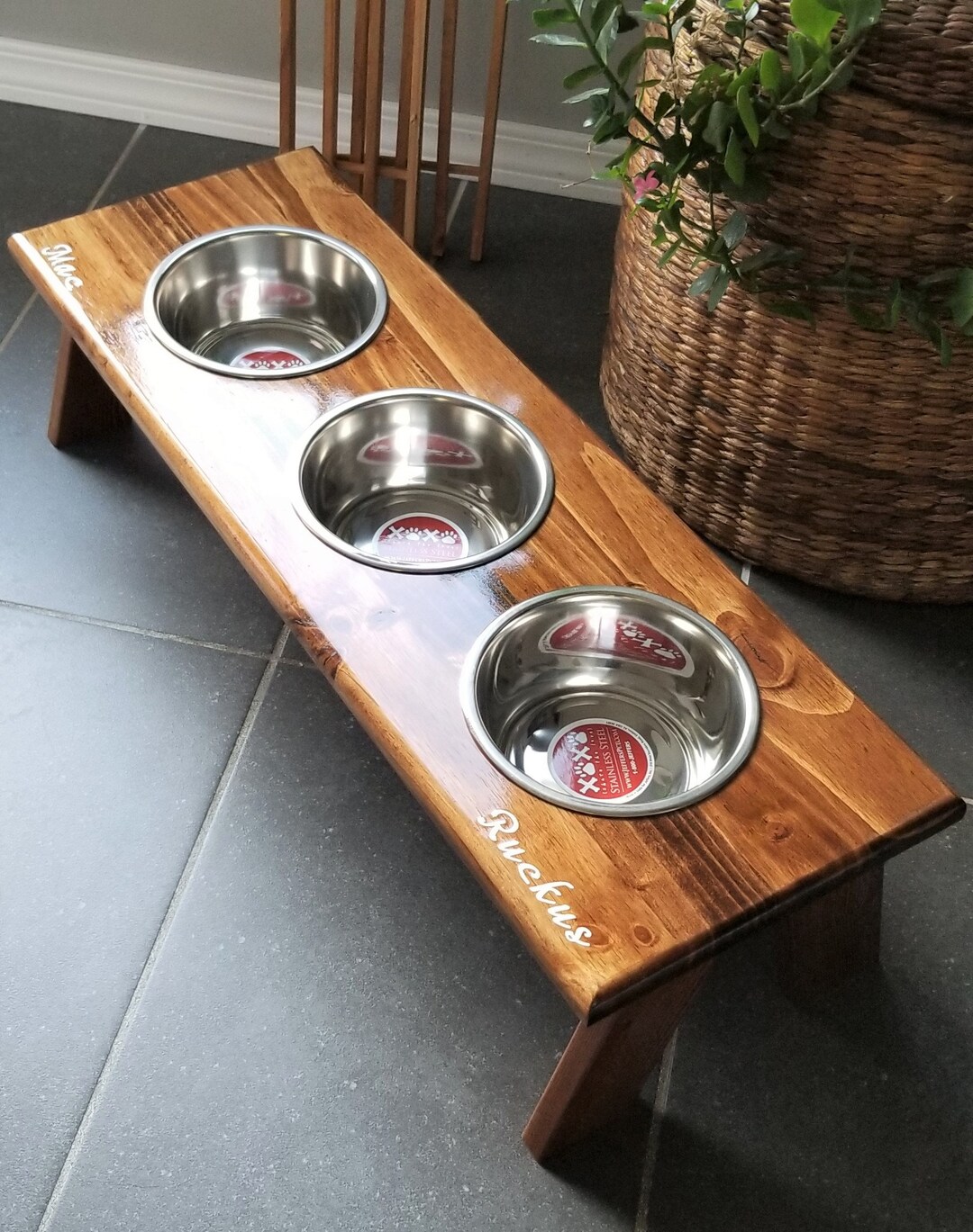 3 Bowl Raised Medium Feeder, Walnut, Personalized Pet, Feeder, Dog Bowl