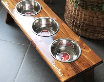 3 Bowl Raised Medium Feeder, Walnut, Personalized Pet, Feeder, Dog Bowl Stand, Dog dish, Pet Accessories