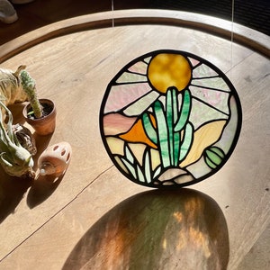 Stained Glass Nature Desert Southwest Cactus Scene Sun Catcher Window Hanging succulent Grand Canyon Joshua tree Arizona Landscape Cicle Art