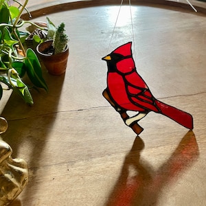 Handmade Cardinal Bird Stained Glass Suncatcher: Custom Beach Decor