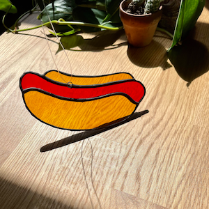 Stained Glass Hot Dog in a bun Handmade Bratwurst Frankwurst Sausage Kebasi Sun Catcher Food 4th of July Cook Out Gift