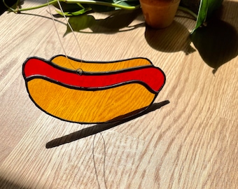 Stained Glass Hot Dog in a bun Handmade Bratwurst Frankwurst Sausage Kebasi Sun Catcher Food 4th of July Cook Out Gift