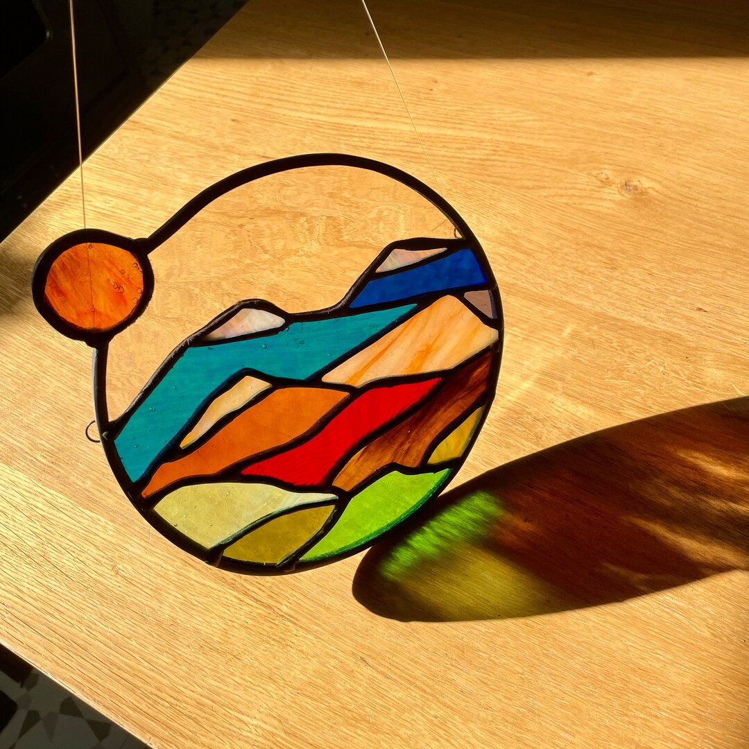 Stained Glass Mountains With Sunset Sun Catcher Trendy Boho Nature