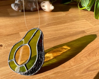 Green Avocado Stained Glass Window Hanging Sun Catcher Ornament Handmade Green Brown  Fruit Vegetable Kitchen Guacamole