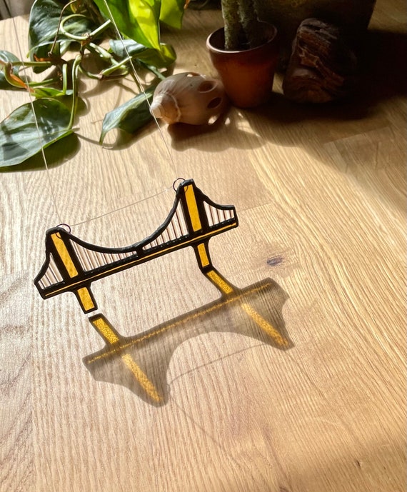 Handmade Pittsburgh Bridge Ornament Suncatcher PGH Sinkhole Gift Ideas Pennsylvania Holiday Christmas Tree Yellow Stained Glass Window Decor