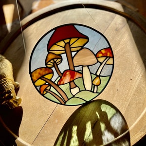 Mushroom Cluster Panel Circle Nature Stained glass foraging gift morel food cooking kitchen vegetable window hanging Decor Landscape Art