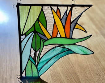 Bird of Paradise leaf corner sun catcher stained glass houseplant decor window Variegated thai constellation fern mint palm monstera flower