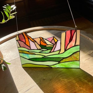 Stained Glass Mountain Panel: Southwest Desert Sunset Suncatcher