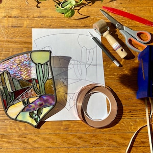 Stained Glass Cactus Landscape Pattern: Southwest Desert Suncatcher (PDF Pattern)