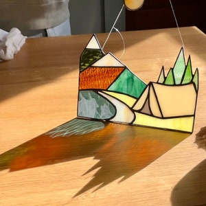 Handmade Stained Glass Nature Mountain Scene Camping Hiking Tent Sun Catcher Window Hanging Ornament