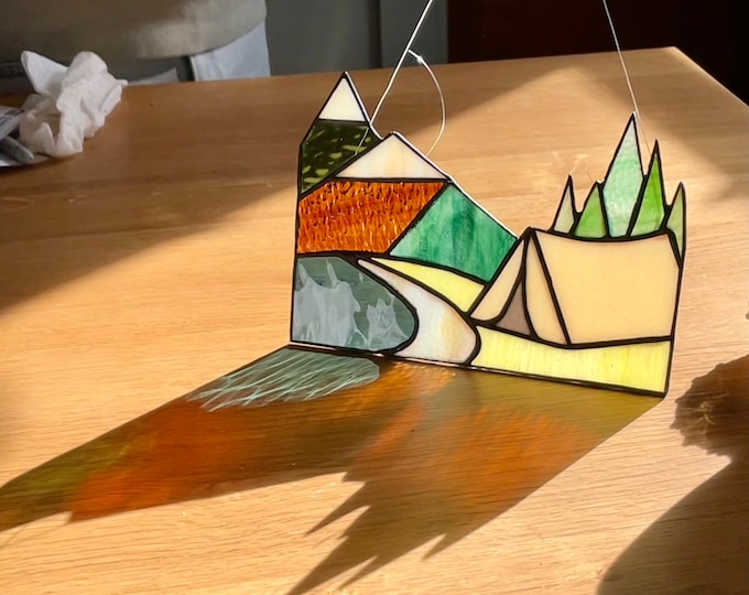 Handmade Stained Glass Nature Mountain Scene Camping Hiking Tent Sun Catcher Window Hanging Ornament