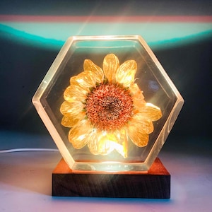 Epoxy resin lamp, Night lamp, Resin lamp, Flower epoxy lamp, Sunflower resin block