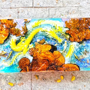 Dragon-Koi Fish Resin Epoxy Coffee Table | Rectangle Resin Epoxy Coffee Table | Koi Fish Wood Resin Coffee Table | Unique Resin Epoxy Table