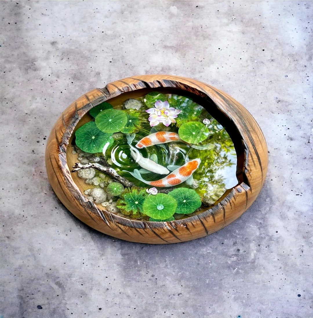 3D Resin Painting Koi Fish, Epoxy Resin Art , Wooden Nature Resin Koi