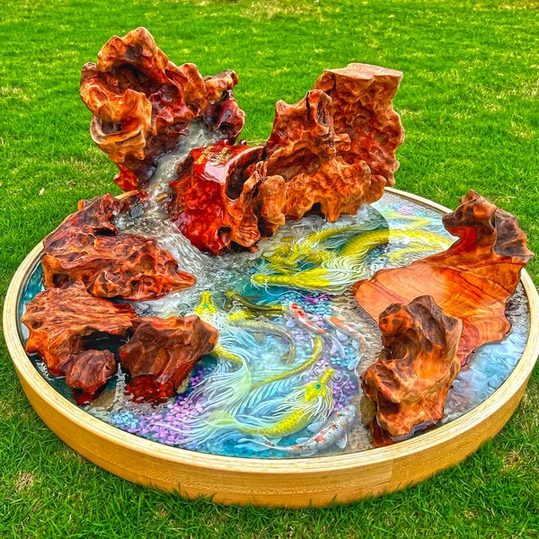 Dragon-Koi Fish Resin Epoxy Coffee Table | Rectangle Resin Epoxy Coffee Table | Koi Fish Wood Resin Coffee Table | Unique Resin Epoxy Table