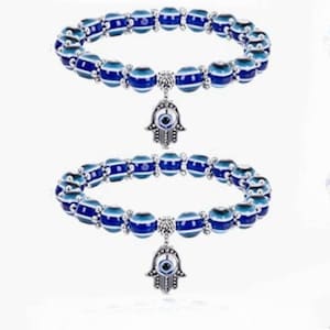 Great Deals, 2pcs, Blue Evil Eye Hamsa Beads Stretch Bracelet for Protection and Blessing.