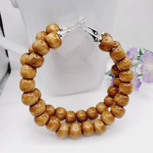 Wooden hoop earrings, large hoop earrings with wooden beads, light brown earrings 3.0