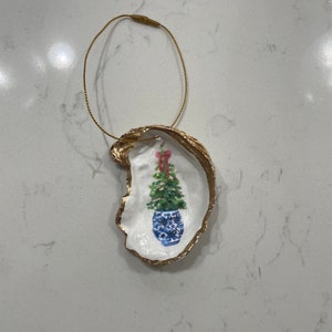 Decoupage Oyster Shell Ornament - Tree in Chinoiserie Pot.