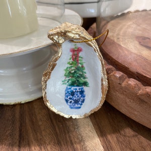 Decoupage Oyster Shell Ornament - Tree in Chinoiserie Pot.