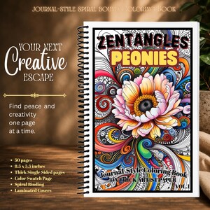 Zentangle Peonies Coloring Book | Journal Style 5.5 x 8.5 | 50 Thick Artist Paper Sheets | Floral Mindfulness Coloring | Relaxation Gift