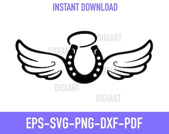 Hufeisen-Svg, Engelsflügel und Halo SVG PNG - Tier-Denkmal Silhouette Cricut-Dateien - Sofortiger Download Eps,Svg,Png,Dxf,Pdf D0010