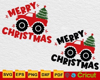 Puede incluir: Gráfico festivo con un camión monstruo rojo que transporta un árbol de Navidad y las palabras "MERRY CHRISTMAS" en rojo y negro. Acentos de rayos completan el diseño, ideal para manualidades navideñas.