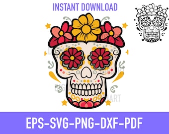 Zuckerschädel SVG PNG - Schädel-Kopf-Blumen-Svg - Tag der Toten Silhouette Cricut-Dateien - Sofortiger Download Eps,Svg,Png,Dxf,Pdf D0009