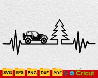 Puede incluir: Gráfico negro de un jeep, un árbol de Navidad y una línea de latidos. El jeep está a la izquierda, el árbol en el medio y la línea de latidos se extiende a ambos lados. La imagen tiene las palabras SVG, EPS, PNG, DXF y PDF.