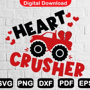 Plotterdatei Heart Crusher, Red Monster Truck SVG, Valentinstag Lustige Offroad Svg, Sofort Download