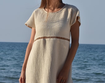 Adorn Dress, Ivory Summer Dress, Waffle Fabric, Natural Clothing