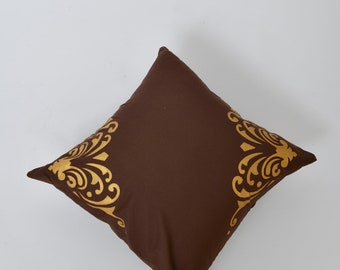 Handcrafted Pillow Cover, Brown and Gold Pillowcase, Wood Block Print 18 x 18 - inch Decorative Throw Pillow Cover, Home Decor, Gift