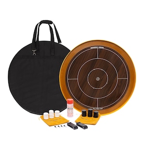 Crokinole Board Game - 'Dark' Tournament Board, Discs, Carrom Powder, Carrying Case - Official Size - Strategic Game for Young and Old