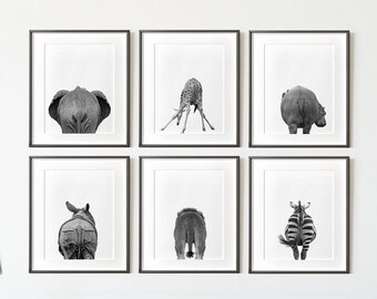 Bathroom Wall Decor Set of 6 Safari Animal Butt Prints, Nursery Art, Black and White Prints, Elephant, Giraffe, Zebra, Hippo, Rhino, Tiger
