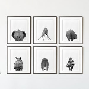 Conjunto de decoración de pared de baño de 6 estampados de animales safari, arte infantil, estampados en blanco y negro, elefante, jirafa, cebra, hipopótamo, rinoceronte, tigre