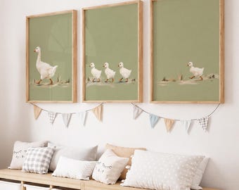 Mother Goose Nursery Wall Art Set of 3, Watercolor Goose Prints, Cottagecore Baby Room Decor, Farmhouse Nursery Art, Kids Room Wall Decor