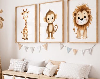 Safari Animal Nursery Print, Watercolor Safari Wall Art, Jungle Nursery Decor, Baby Room Wall Art, Neutral Nursery Decor, Digital & Physical
