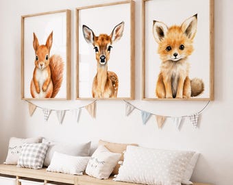 Woodland Animal Nursery Prints, Forest Animal Wall Art, Woodland Nursery Decor, Baby Room Wall Decor, Digital Download & Physical Prints