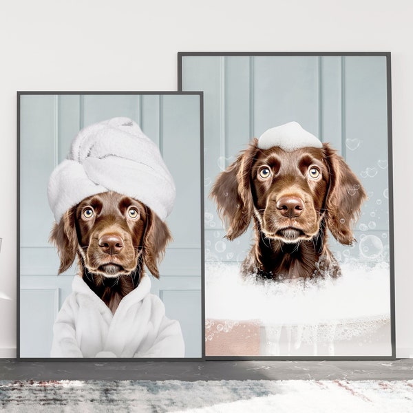 Custom Pet Portrait From Photo Set of 2, Digital Pet Portrait, Animal in Tub, Funny Bathroom Art, Dog In Bathtub Print, Pet Portrait Canvas