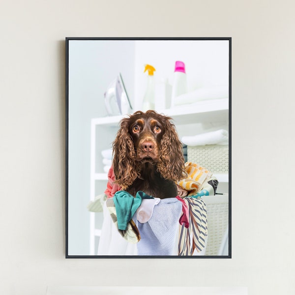 Custom Pet Portrait From Photo, Pet in a Laundry Basket, Laundry Room Decor, Digital Pet Portrait, Funny Bathroom Art, Pet Portrait Canvas