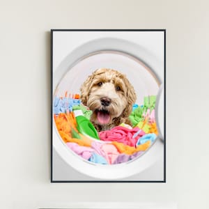 Custom Pet Portrait From Photo, Pet in a Laundry Basket, Laundry Room Decor, Digital Pet Portrait, Funny Bathroom Art, Pet Portrait Canvas
