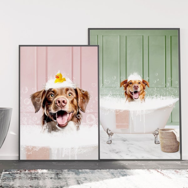 Custom Pet Portrait From Photo Set of 2, Digital Pet Portrait, Animal in Tub, Funny Bathroom Art, Dog In Bathtub Print, Pet Portrait Canvas