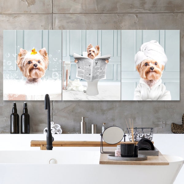 Custom Pet Portrait From Photo Set of 3, Digital Pet Portrait, Animal in Tub, Funny Bathroom Art, Dog On Toilet Print, Pet Portrait Canvas