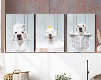 Custom Pet Portrait From Photo Set of 3, Digital Pet Portrait, Animal in Tub, Funny Bathroom Art, Dog On Toilet Print, Pet Portrait Canvas