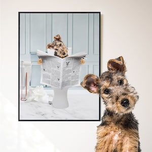 Custom Pet Portrait From Photo, Dog Reads Newspaper Art, Digital Pet Portrait, Funny Bathroom Art, Pet Portrait Canvas, Pet In Toilet Print image 1