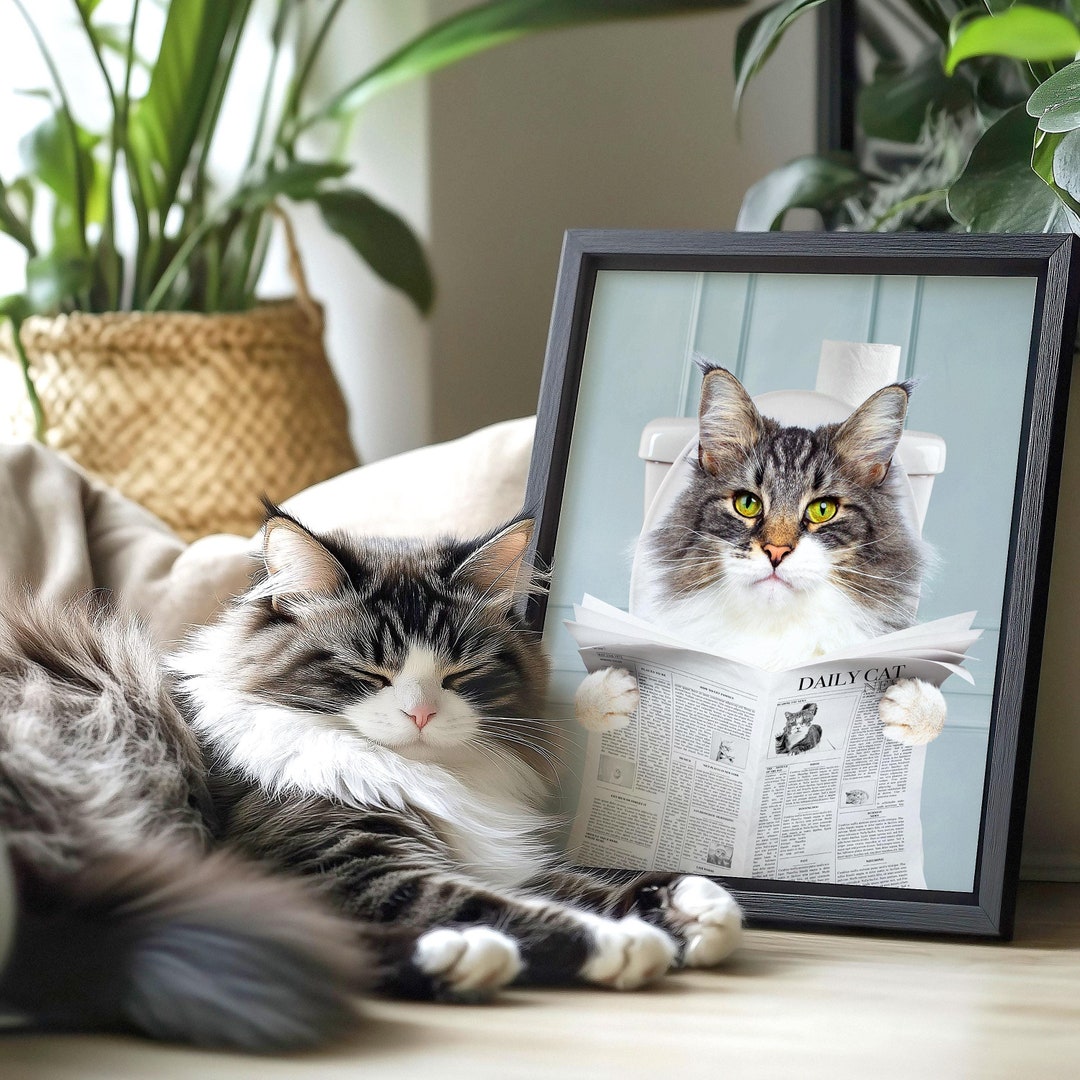 Custom Cat Portrait From Photo, Cat Reads Newspaper Art, Digital - Main Image