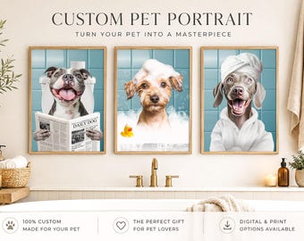 Custom Dog Portrait from Photo, Funny Dog Bathroom Art, Dog Reading Newspaper Poster, Pet Wall Decor, Digital or Framed Gift